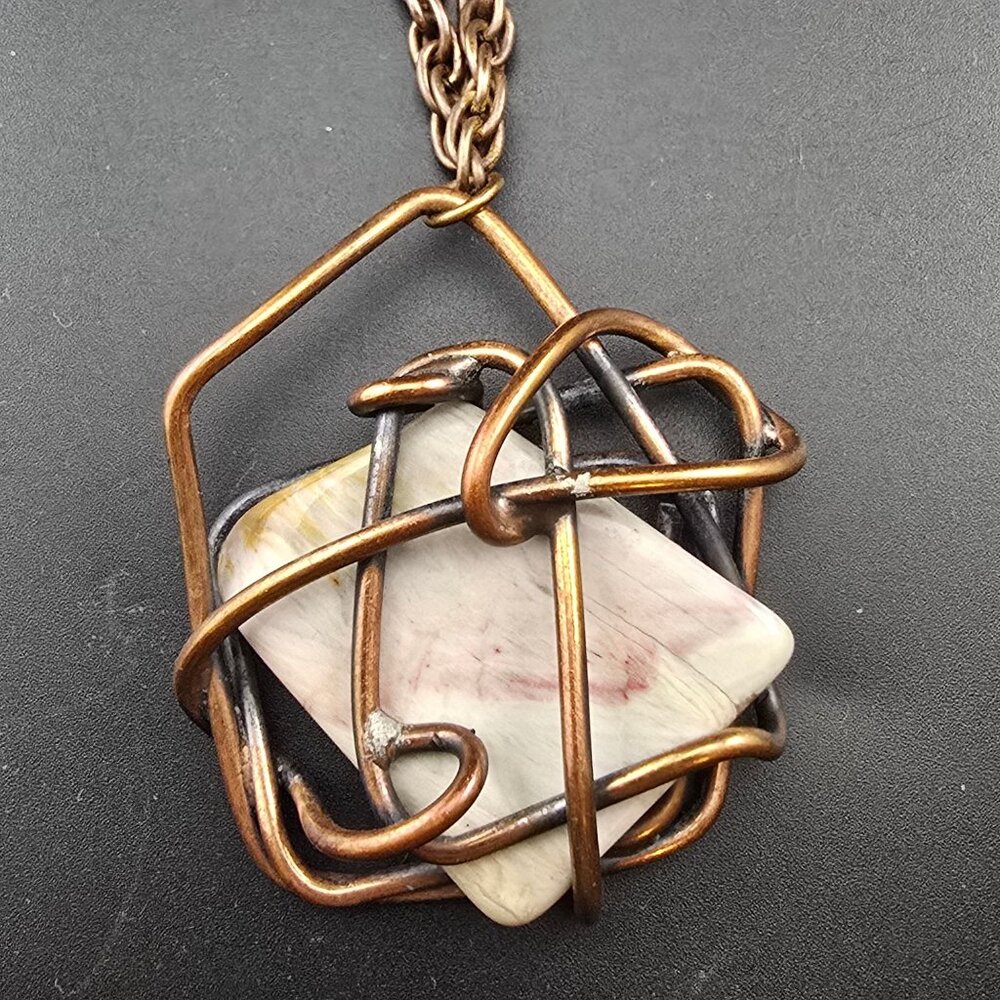 Vintage Copper Wire Wrapped Pendant Necklace W/ Stone Center & Chain By Kim - Picture 10 of 10